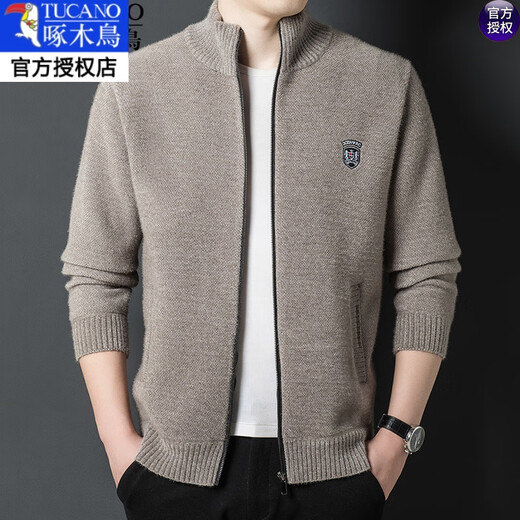 Woodpecker wool cardigan jacket 100% wool autumn and winter men's stand-up collar thickened zipper casual top sweater khaki M 165 recommended 100-120Jin Jin equals 0.5 kg