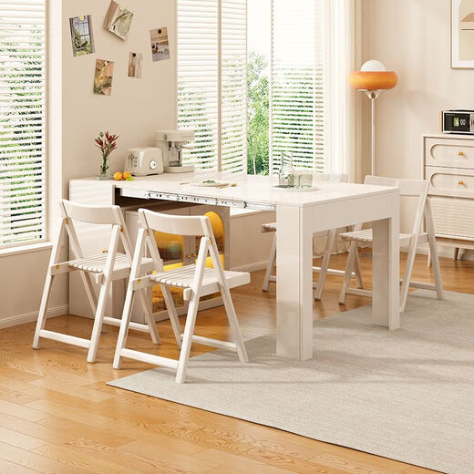 Fantasy cream style retractable solid wood dining table and sideboard integrated island small apartment space-saving multifunctional high-end folding table milky white freely retractable/can store 4 folding chairs in the cabinet at the same time retractable dining table cabinet + solid wood folding chairs*6