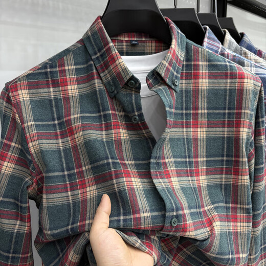 老人头（LAORENTOU）经典款加厚纯棉格子长袖衬衫中青年男士秋季 IF-25143蓝红格 XL 推荐140-160斤