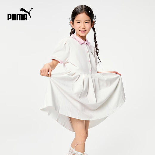 PUMA Official Authentic New Children's Summer Dress Sweet Puff Sleeve Polo Skirt Simple and Fresh Pearl White 10201 120