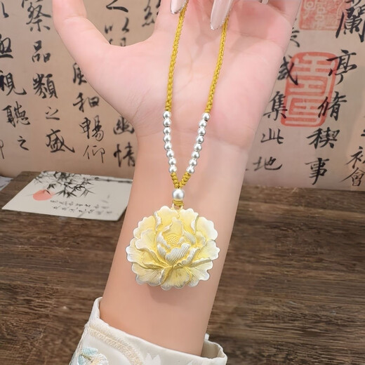 Laohuangxiang genuine pure silver 999 gold peony pendant Chinese style women's Chinese double-sided braided rope sterling silver necklace