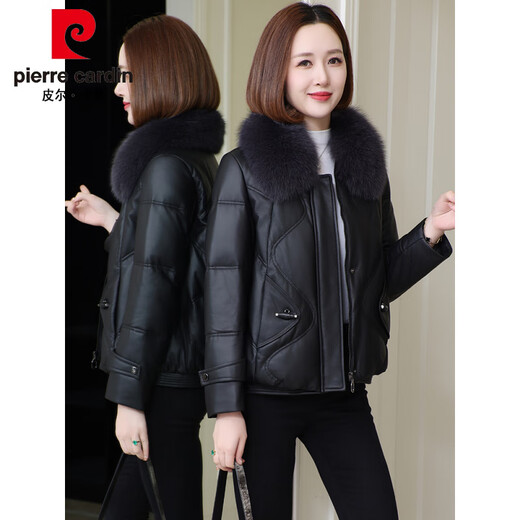 Pierre Cardin Leather Jacket Women 2025 New Winter Haining Leather Down Jacket Small Sheepskin Large Fur Collar Fur Short Black XL 115-125Jin Jin is equal to 0.5 kg