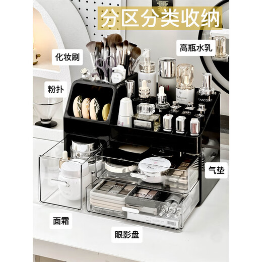 JPHZNB cosmetics storage box desktop style dressing table shelf makeup brush barrel skin care products lipstick perfume storage rack three-draw partition storage box * custard transparent style