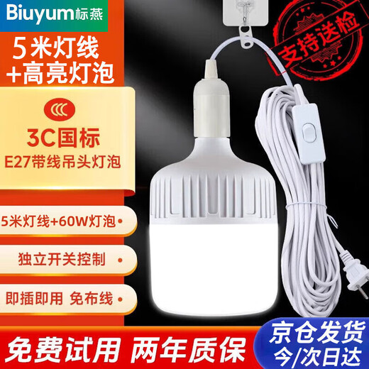 Biuyum led light bulb plug integrated switch with cord light bulb socket light led energy-saving lamp E27 screw socket two plug 5 meters light cord + 1 60W bulb