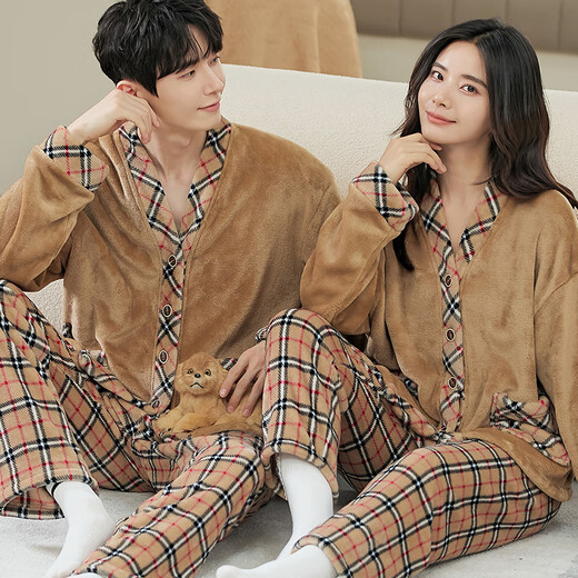 Fenton 2025 Autumn and Winter New Coral Velvet Plaid Couple Pajamas Can Be Weared Outside Age-Reducing Coffee Color Coffee Plaid Women F001 L
