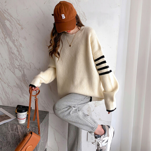 TonLion 2025 Autumn and Winter Simple Wind Sleeve Striped Design Women’s Round Neck Pullover Sweater