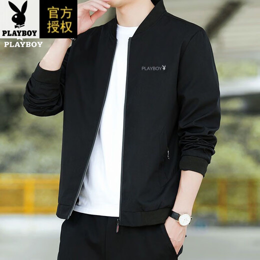 Playboy (PLAYBOY) pure cotton jacket men's spring and autumn casual thin breathable baseball uniform versatile slim top middle-aged men's jacket 2030 black (spring and autumn) 2XL 135-150Jin Jin equals 0.5 kg