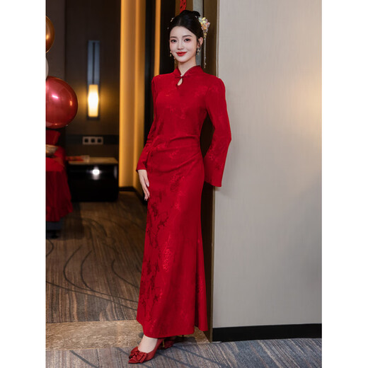 Xiangge Engagement Clothes Women's New Chinese Style Cheongsam Winter Clothes Improved Toast Clothes 2025 New Bride Wedding Dress Mermaid Back Burgundy Long Sleeve Quick Hair 2XL