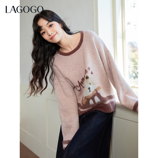 LAGOGO Cute Dog Yuexin Contrast Color Collar Mixed Pollen Sweater Women Lagogu 2025 Winter Imitation Mink Velvet Sweater Mixed Color L