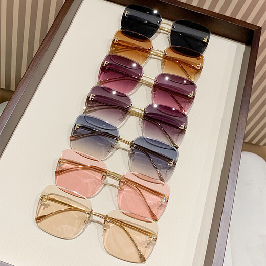 新款f字母无框太阳眼镜复古方框墨镜女时尚金属欧美风90267 灰茶