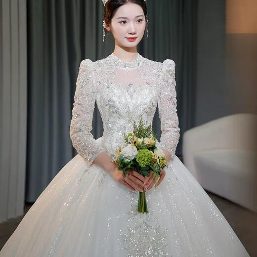 Wei Lianmenglan Wedding Dress 2025 Bride's Main Wedding Dress Long Sleeve Outlet Dress French Heavy Industry Retro Lace Palace Style Welcome Ceremony Dress Floor-length Style + Veil Support M