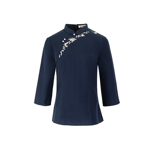 生活在左2025秋季新品100%棉绣花国风气质衬衣女 藏青色 L