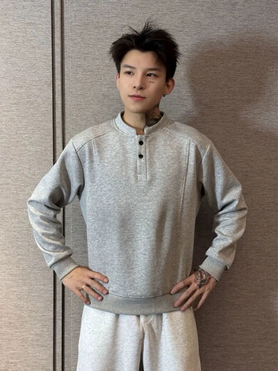 Yingtang Deconstructed Shoulder Sweatshirt Men's Spring and Autumn American Henley Collar Polo Shirt Heavy Loose Jacket LHFS-CX8 Black M