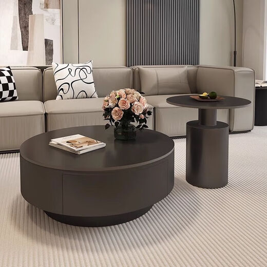 Huabisen Italian high-end light luxury slate coffee table small apartment living room home minimalist round combination simple modern black cabinet white slate 70+45 black edge table