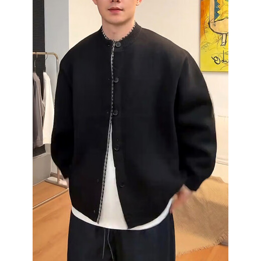 XUANSENTU fake two-piece plaid patchwork sweater loose lazy style cardigan jacket men's Henry collar American retro sweater black L