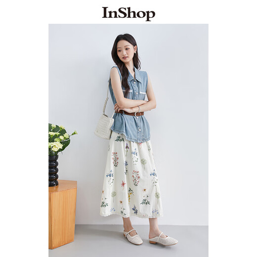 InShop shopping mall same style new denim vest jacket floral skirt commuting casual two-piece set light blue flower S