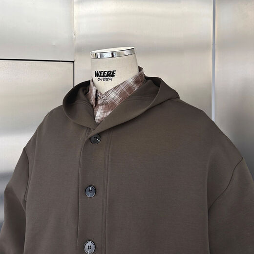 Selected vintage 350g air layer henley collar loose hooded sweatshirt for men black black S