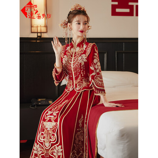 
Yifen Mengyi Velvet Xiuhe Clothing 2025 New Wedding Wedding Dress Chinese Bride Clothing Dragon Phoenix Gown Wedding Clothing Chinese Style Autumn Handmade Bead Flower Heavy Industry-Velvet Style S