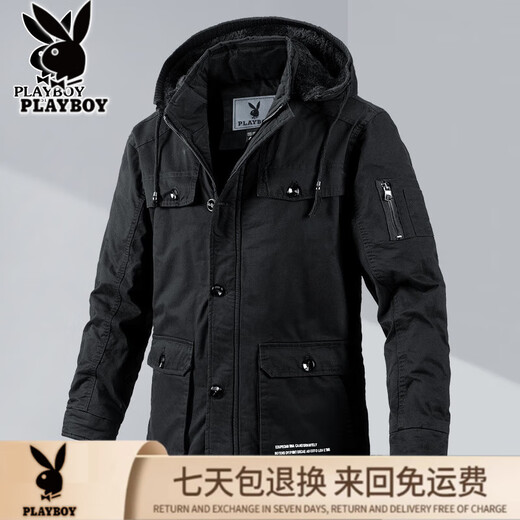 Playboy Pure Cotton Mid-Length Workwear Down Jacket Men's Winter New Middle-aged and Elderly Plus Velvet Thickened Warm Cotton Jacket 2228# Military Green M Suitable for 90-110 Jin Jin equals 0.5 kg