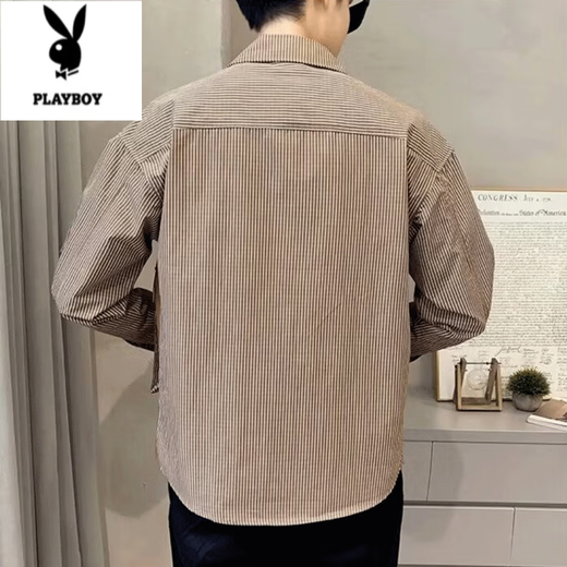 花花公子（PLAYBOY）设计感拼接条纹衬衫男士春夏季薄款外套潮牌痞帅休闲百搭翻领夹克 卡其色 NSJD#683高质量 M