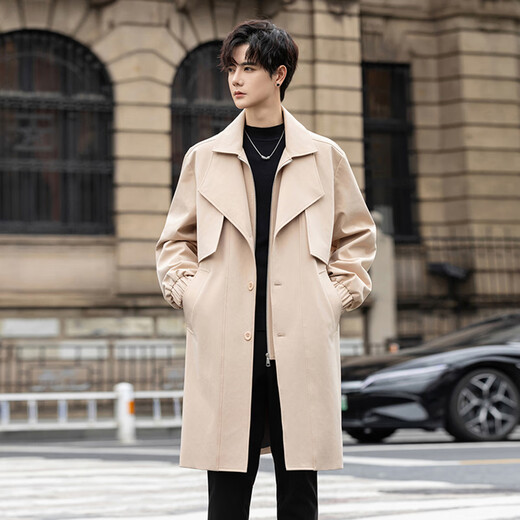 ROMON windbreaker men's mid-length autumn and winter Korean style loose double-layer collar fake two-piece coat black L