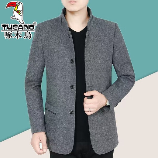 Woodpecker wool woolen coat men's stand-up collar high-end top jacket autumn and winter business casual middle-aged and elderly cotton daddy wear black jacket brand special price clearance XL recommended 125-140Jin Jin equals 0.5 kg