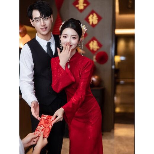 Xiangge Engagement Clothes Women's New Chinese Style Cheongsam Winter Clothes Improved Toast Clothes 2025 New Bride Wedding Dress Mermaid Back Burgundy Long Sleeve Quick Hair 2XL