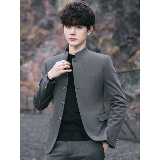 ROMON new style Chinese tunic suit suit men's trendy handsome slim Chinese stand collar performance wedding Tang suit jacket youth black top (single top) XL