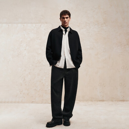 JACK&JONES men's autumn woolen coat pure wool daily commuting single-breasted loose long-sleeved coat 225427016 E40 black S (170)