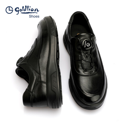 Goldlion Men's Shoes 2025 Autumn New Hand-scratch Pattern Men's Casual Leather Shoes Round Toe Thick Sole Swivel Buckle Business Commuting Shoes Black 38 One Size Larger Than Standard Leather Shoes