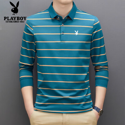 Playboy Pure Cotton Streifen Langarm T-Shirt Herren Frühling und Herbst Casual Vielseitig vielseitiges Top-Lampe-Mode-Polo-T-Shirt Amap/2356 Dunkelgrau L 17088a