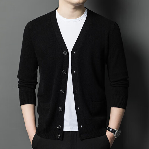 JASONWOOD high-end brand cardigan men's 100% wool knitted cardigan men's autumn and winter V-neck casual sweater winter men's black and red autumn and winter style ready stock 2XL recommended 150Jin Jin equals 0.5kg -170Jin Jin equals 0.5kg