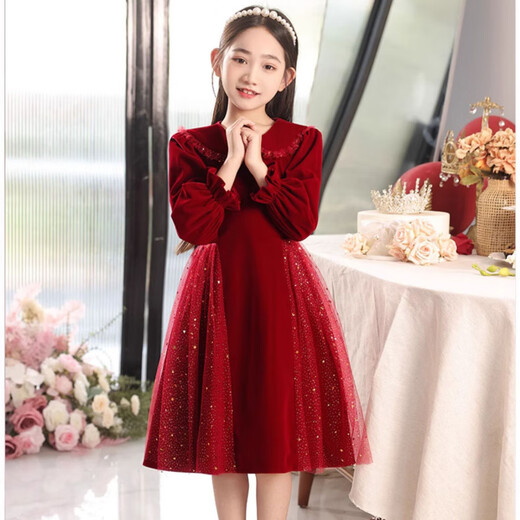 Disney Girls Dress Velvet Children's Skirt Red Princess Dress Host Performance Clothes Autumn and Winter Long Sleeve Plus Velvet Red Regular 130
