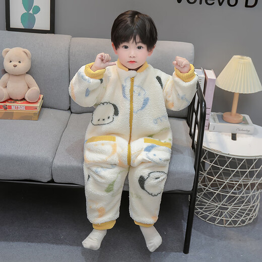 Children's One-piece Pajamas in the Wild and Wild, Autumn and Winter Flannel Thickened One-Year-Old Baby Baby Sleeping Bag, Boy's Coral Velvet Anti-Kick Quilt, Off-White 100cm