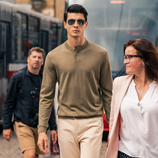 Mr. Bu Henry Collar Thin Wool T-Shirt Spring and Autumn Long Sleeve Wool Sweater Men's Birch Green S (165)