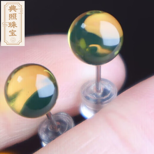 Classic natural authentic amber blue amber 7mm+ water purified round beads earrings earrings S925 silver simple and fashionable