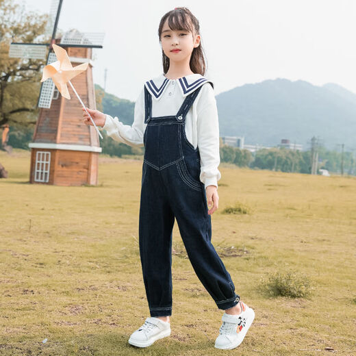 Ainolun children's overalls for girls, middle-aged and older, 9 to 12 years old, little girls, autumn clothing, versatile, casual, spring and autumn jeans, trendy Korean style, big children's pants, autumn style, girls' outer trousers, autumn clothing, overalls, single piece 110, recommended height 100-110cm