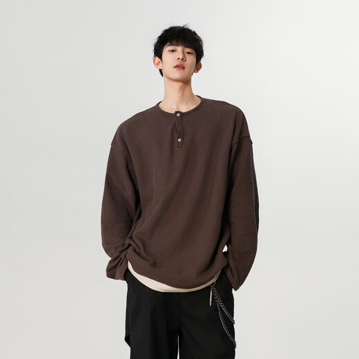 OEMG waffle henley collar fake two-piece long-sleeved t-shirt for men autumn new base top with 280g heavy sweater brown XL recommended 110-130Jin Jin equals 0.5 kg