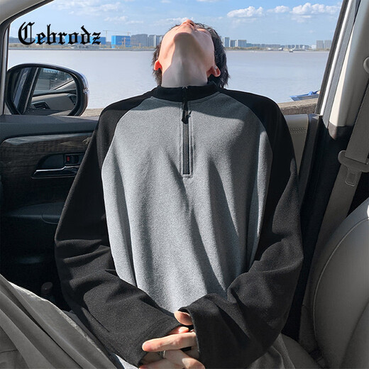 Cebrodz French half-zip long-sleeved T-shirt for men in spring and autumn, versatile youth outdoor sports cycling trendy brand heavy top, black XL