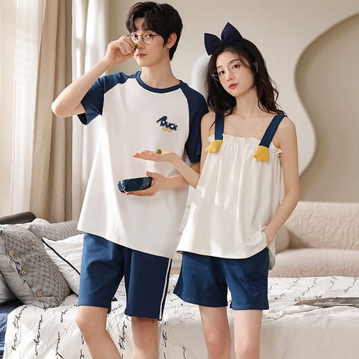 Lemianxin couple pajamas for women in summer pure cotton women home clothes suspenders casual cotton men summer pajamas suit DD9906 M women + men XXL