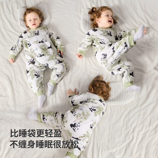 Cotton soft children's one-piece pajamas, winter baby warm clothespins, cotton boys' home clothes, autumn and winter sleeping bags, girls' jumpsuits, light green panda 60g thin cotton 80 36cm