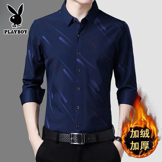Playboy thickened velvet printed casual shirt men's long-sleeved autumn and winter business ironing-free shirt for young and middle-aged men's men's navy blue flower-170 plus velvet L 170 recommended 120-135Jin Jin equals 0.5 kg to wear