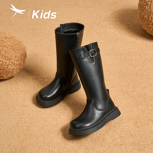 Red Dragonfly Children's Shoes Girls 2025 Winter Children's Cotton Shoes Leather Boots Black High Boots Q54BM073 Black 35