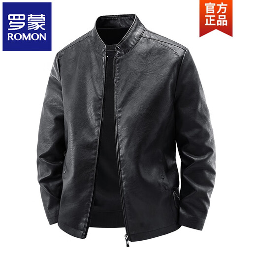 ROMON Haining imitation leather jacket men's stand-up collar plus velvet thickening slim casual trendy handsome leather jacket motorcycle jacket black without velvet 923KX M