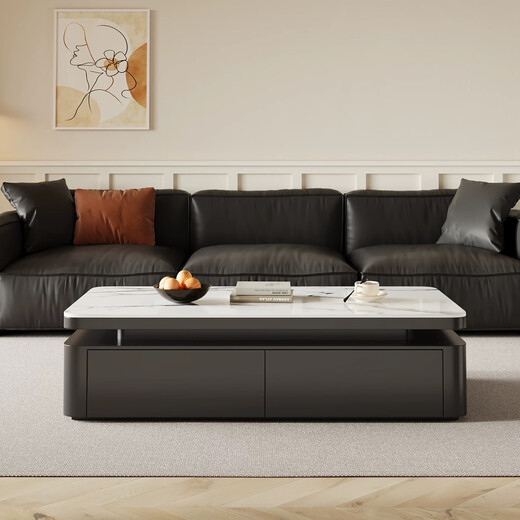 Hua Beisen slate coffee table living room household small apartment modern light luxury high-end rectangular table new high-end coffee table black cabinet 120CM snow mountain white slate