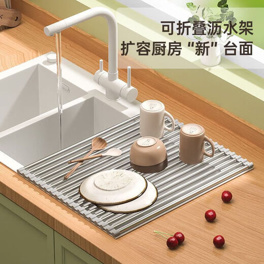 Stainless steel drain roller curtain kitchen sink drain rack foldable drain rack mildew-proof silicone storage rack jt large thickened drain rack-folding storage kitchen expansion/takes up no space/high and low temperature resistance