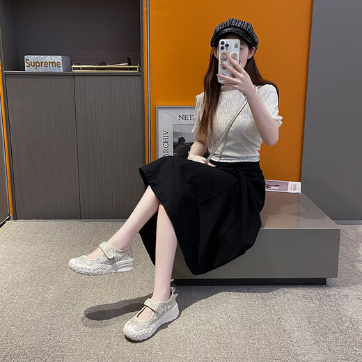 玛丽珍单鞋女蕾丝镂空网面透气厚底慢步鞋防滑耐磨休闲时尚妈妈鞋 YGNX-672米色 37