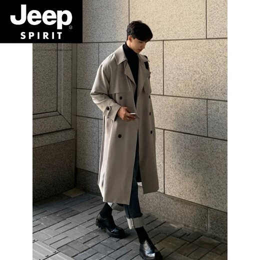 JEEP SPIRIT Korean style windbreaker men's mid-length trendy loose over-the-knee British double-breasted coat autumn and winter thickened casual coat khaki gray plus cotton S 100-120Jin Jin is equal to 0.5 kg