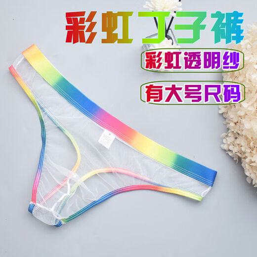 Bear plus size 0 sexy gay color see-through thong gay transparent thong rainbow white rainbow belt transparent tulle feeling thong S