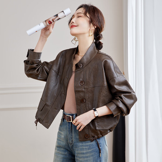 TERRE BLEUE Leather Jacket for Women 2025 Spring and Autumn New Slim Fit Versatile Jacket Motorcycle Long Sleeve Short PU Leather Jacket for Women